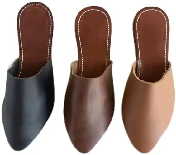 Moroccan Genuine Leather Mules Slides Low Heel Flats Comforatable Slip Ons Backless Slippers Almond/Pointed Toe Sandals Shoes