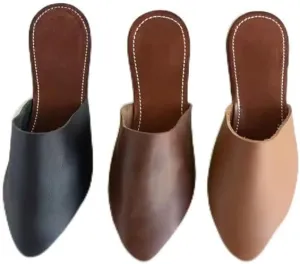 Moroccan Genuine Leather Mules Slides Low Heel Flats Comforatable Slip Ons Backless Slippers Almond/Pointed Toe Sandals Shoes