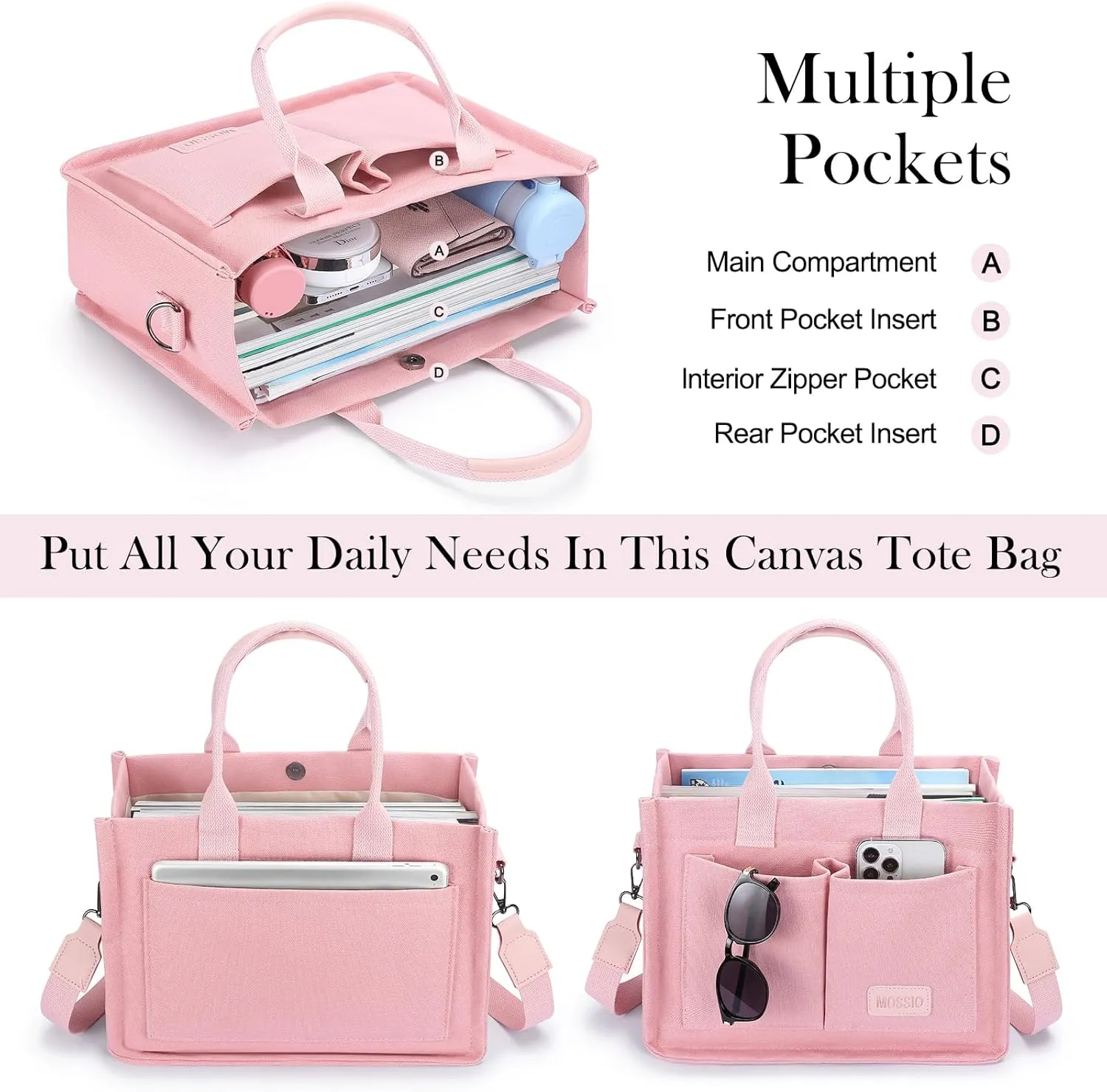 Mossio Large Canvas Tote Bag for Women with Pockets - Laptop Crossbody Work Tote Bag Everyday Bag Shoulder Purse Handbag