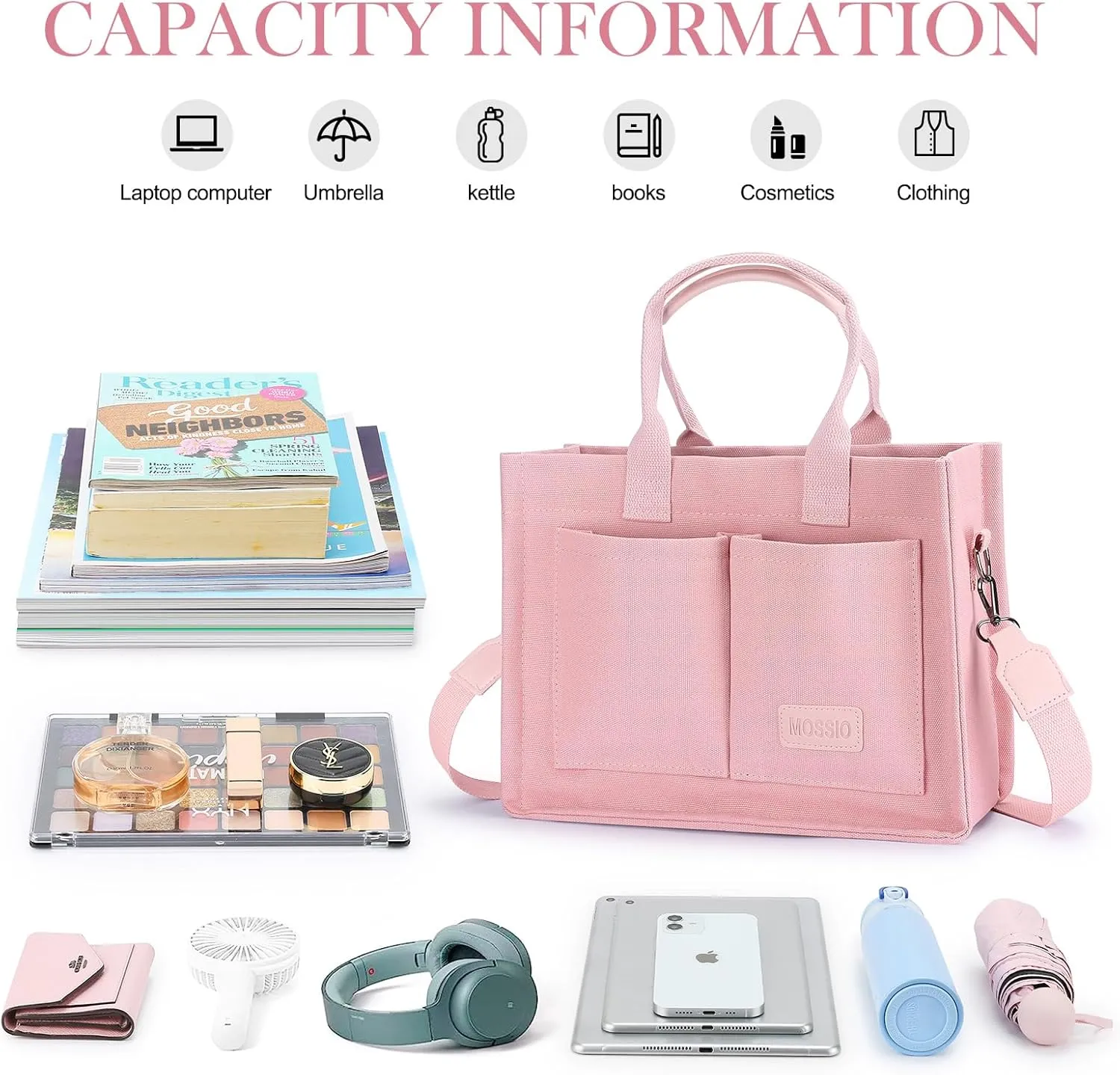 Mossio Large Canvas Tote Bag for Women with Pockets - Laptop Crossbody Work Tote Bag Everyday Bag Shoulder Purse Handbag