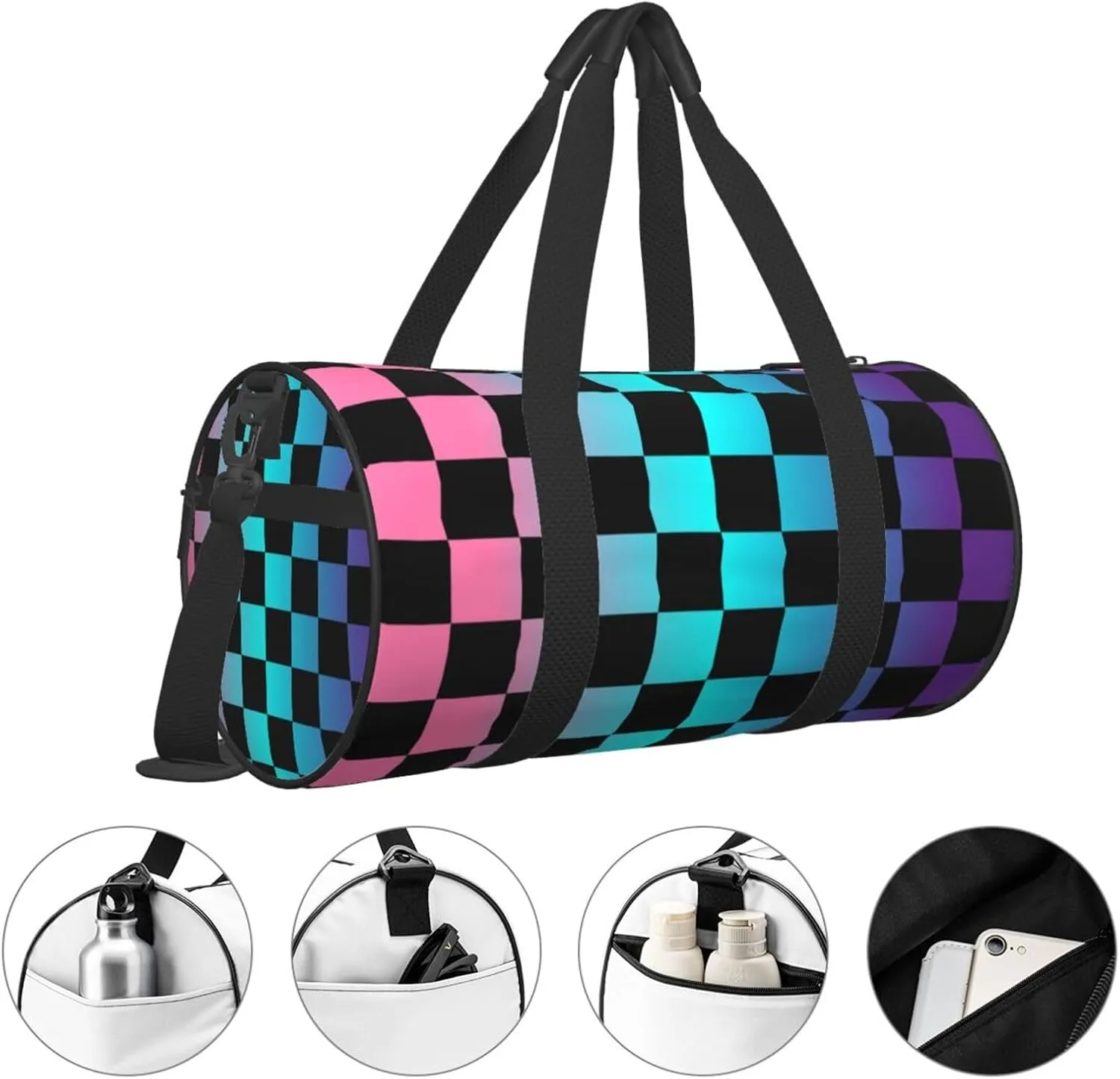 Multicolored Checkered Sports Gym Bag Travel Duffel Bag Shoes Compartment For Men Women Foldable Lightweight Yoga Gym Sports Bag