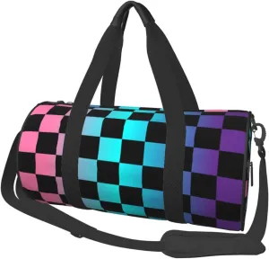 Multicolored Checkered Sports Gym Bag Travel Duffel Bag Shoes Compartment For Men Women Foldable Lightweight Yoga Gym Sports Bag