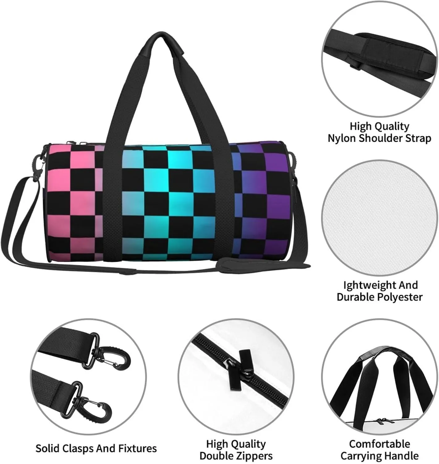 Multicolored Checkered Sports Gym Bag Travel Duffel Bag Shoes Compartment For Men Women Foldable Lightweight Yoga Gym Sports Bag
