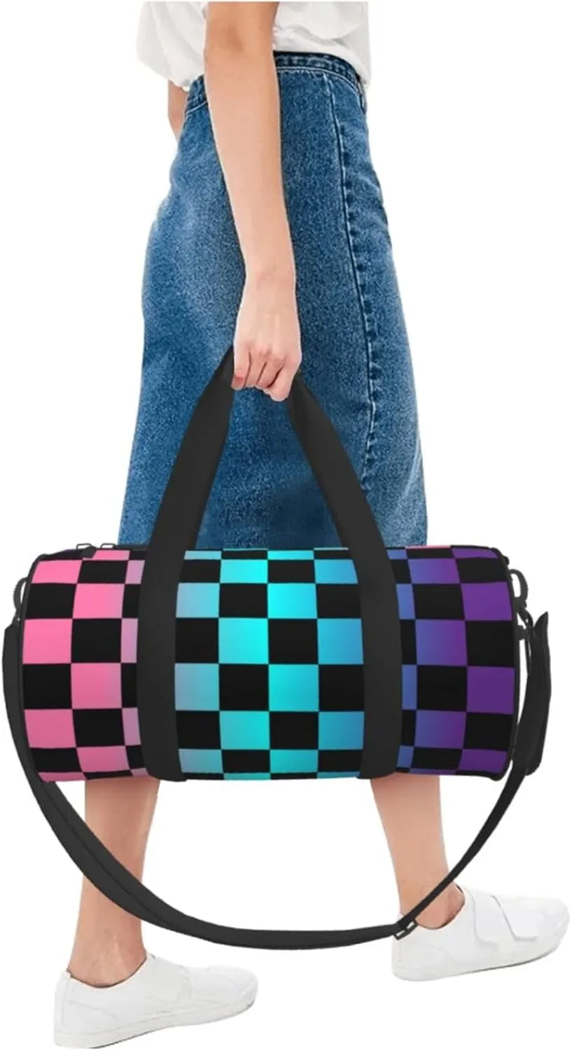 Multicolored Checkered Sports Gym Bag Travel Duffel Bag Shoes Compartment For Men Women Foldable Lightweight Yoga Gym Sports Bag