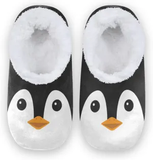 Naanle Women's Fuzzy Fur Slippers Black and White Penguin Slippers Comfy Fleece Warm Bedroom Shoes Home Slippers