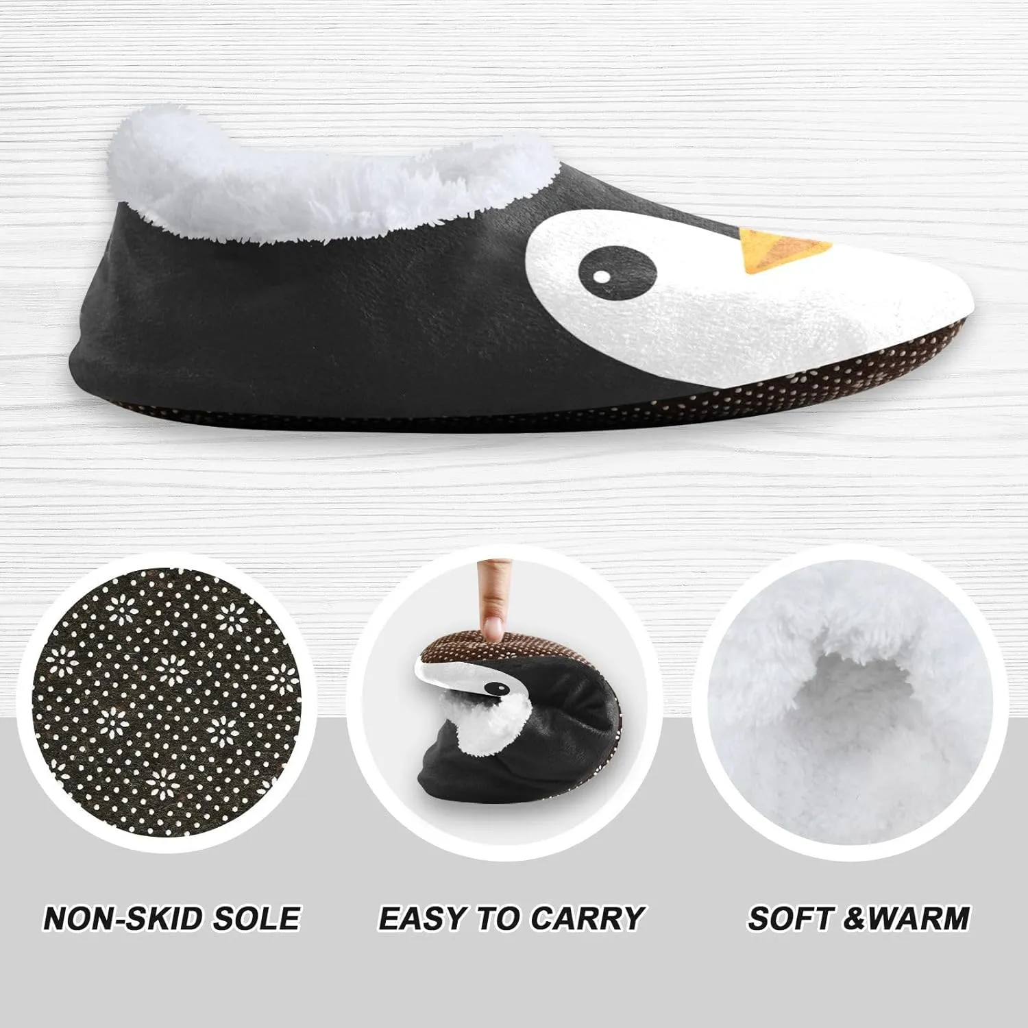 Naanle Women's Fuzzy Fur Slippers Black and White Penguin Slippers Comfy Fleece Warm Bedroom Shoes Home Slippers