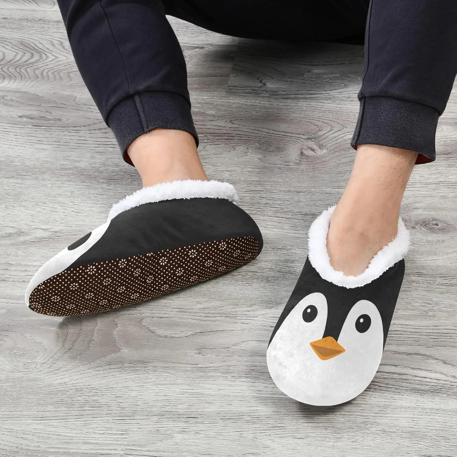 Naanle Women's Fuzzy Fur Slippers Black and White Penguin Slippers Comfy Fleece Warm Bedroom Shoes Home Slippers