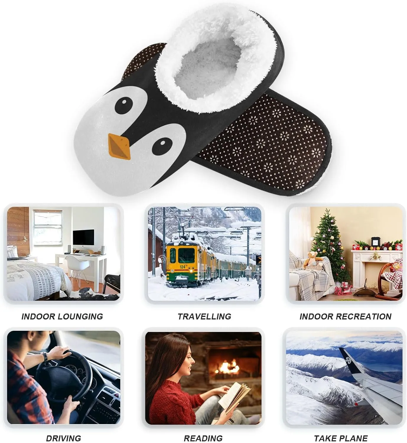 Naanle Women's Fuzzy Fur Slippers Black and White Penguin Slippers Comfy Fleece Warm Bedroom Shoes Home Slippers