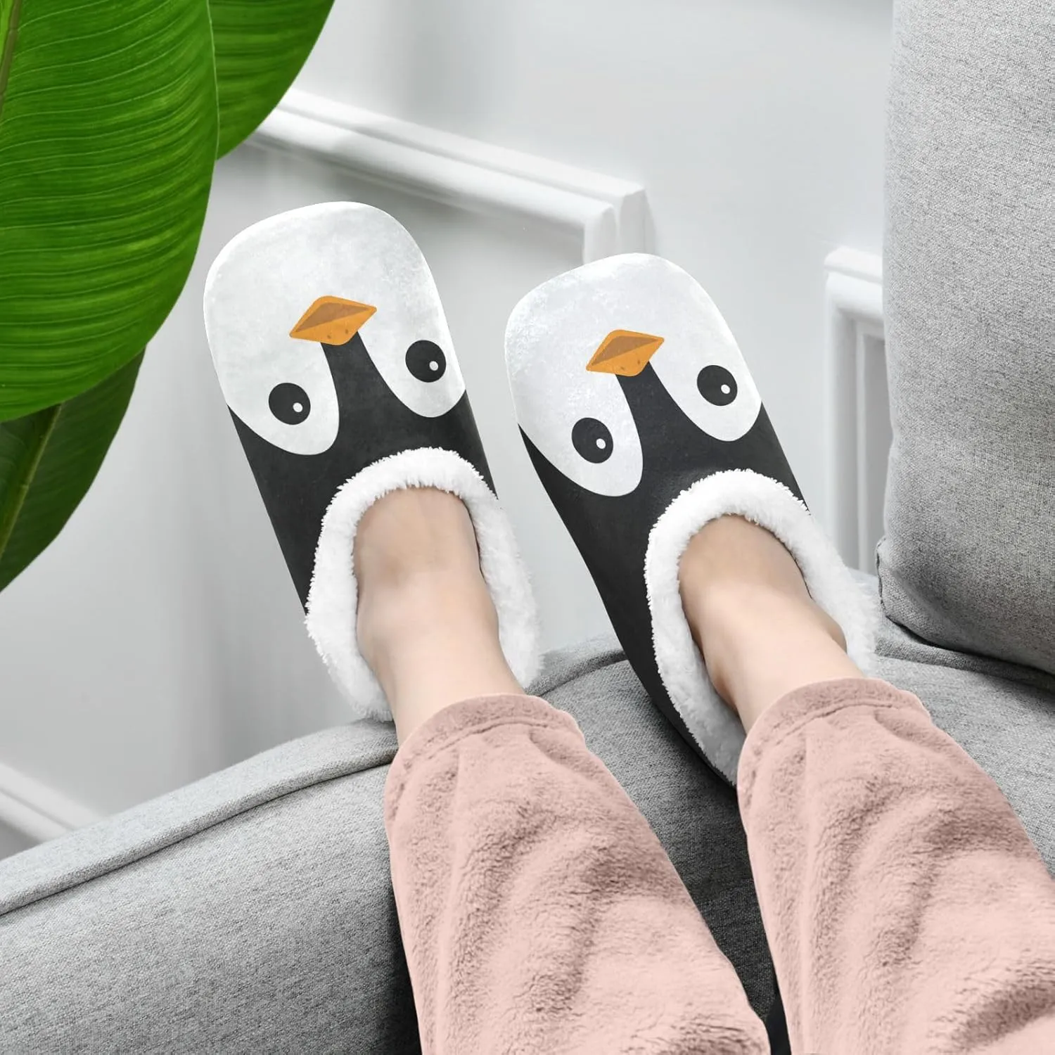Naanle Women's Fuzzy Fur Slippers Black and White Penguin Slippers Comfy Fleece Warm Bedroom Shoes Home Slippers