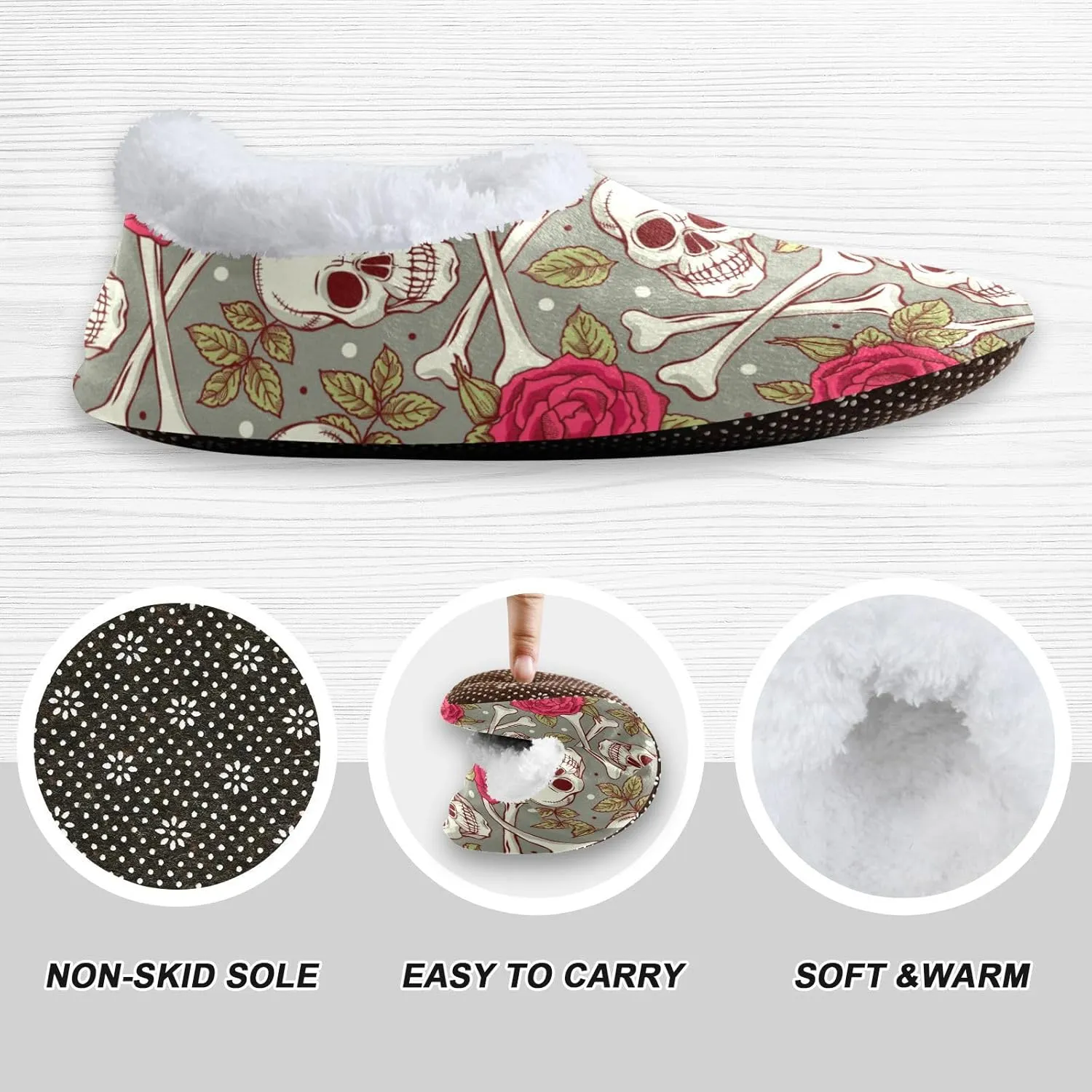 Naanle Women's Fuzzy Fur Slippers Skull Roses Slippers Comfy Fleece Warm Bedroom Shoes Home Slippers