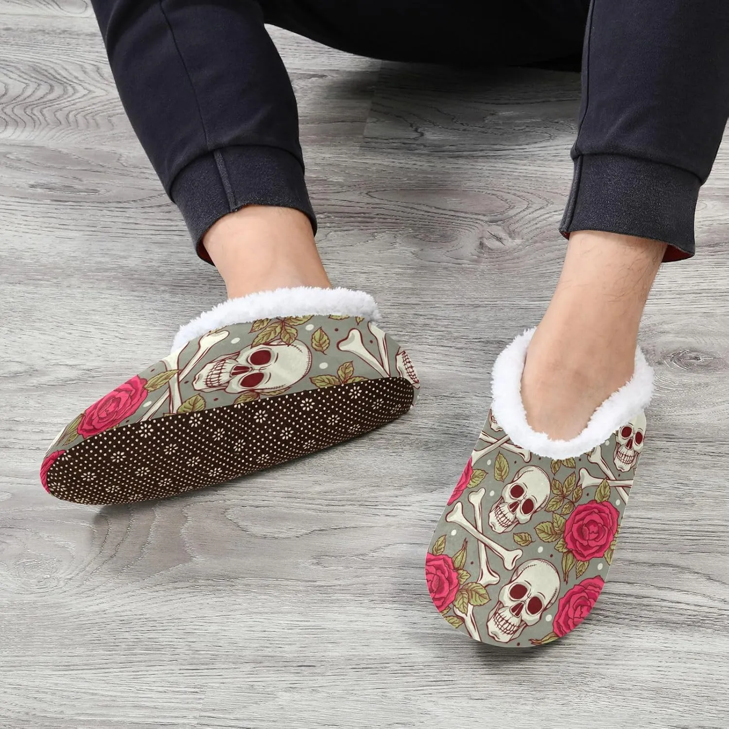 Naanle Women's Fuzzy Fur Slippers Skull Roses Slippers Comfy Fleece Warm Bedroom Shoes Home Slippers