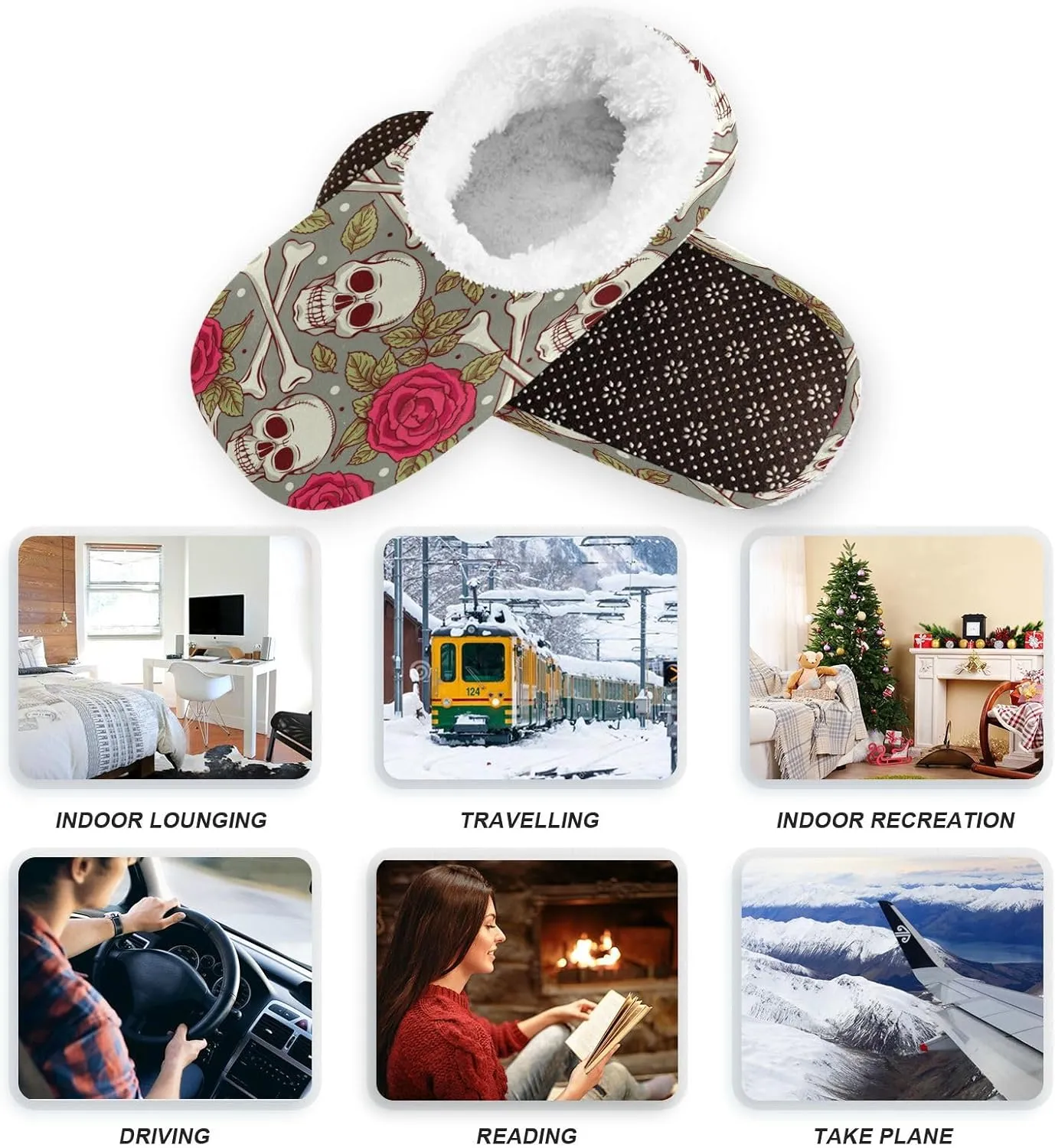 Naanle Women's Fuzzy Fur Slippers Skull Roses Slippers Comfy Fleece Warm Bedroom Shoes Home Slippers