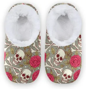 Naanle Women's Fuzzy Fur Slippers Skull Roses Slippers Comfy Fleece Warm Bedroom Shoes Home Slippers