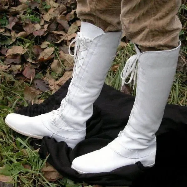 New Medieval Knight Warrior Cosplay Shoes For Women Pu Leather Round Head Flat High Bandage Boots Halloween Retro Shoes