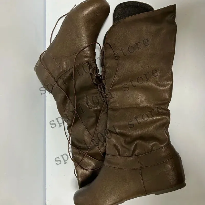 New Medieval Knight Warrior Cosplay Shoes For Women Pu Leather Round Head Flat High Bandage Boots Halloween Retro Shoes