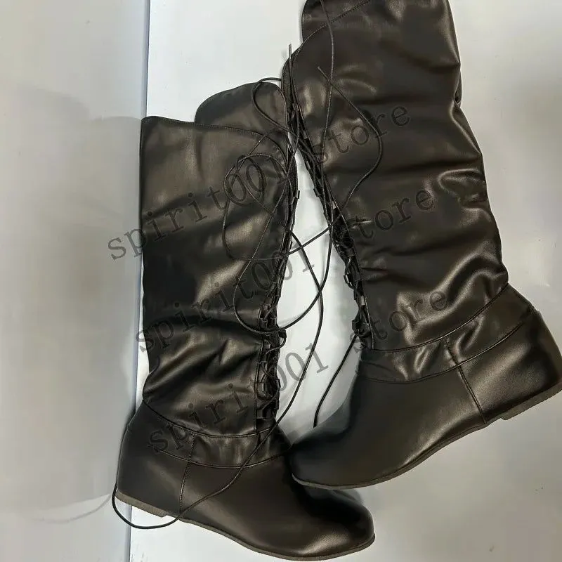 New Medieval Knight Warrior Cosplay Shoes For Women Pu Leather Round Head Flat High Bandage Boots Halloween Retro Shoes