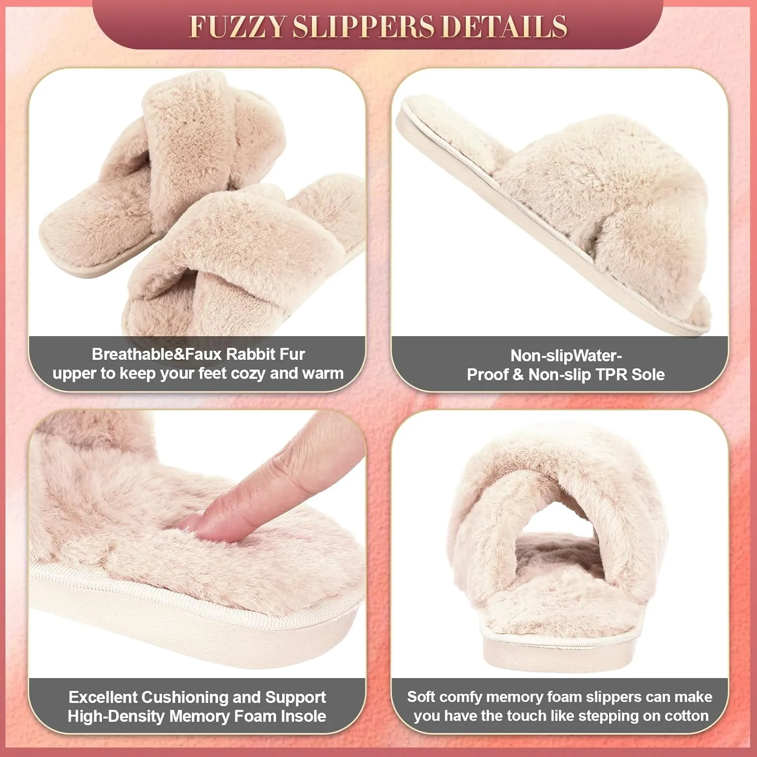 Newcotte 4 Pairs Women's Fuzzy Slippers Bridesmaid Slippers Open Toe Cross Band Plush Furry House Soft Fluffy Cozy