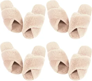 Newcotte 4 Pairs Women's Fuzzy Slippers Bridesmaid Slippers Open Toe Cross Band Plush Furry House Soft Fluffy Cozy