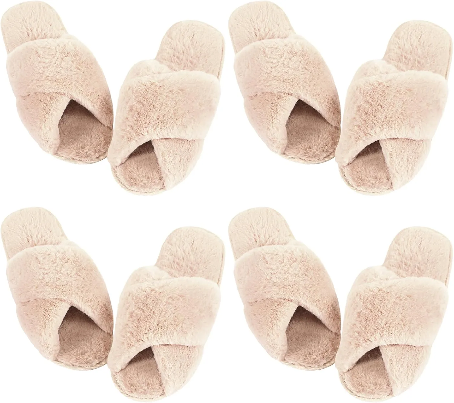 Newcotte 4 Pairs Women's Fuzzy Slippers Bridesmaid Slippers Open Toe Cross Band Plush Furry House Soft Fluffy Cozy