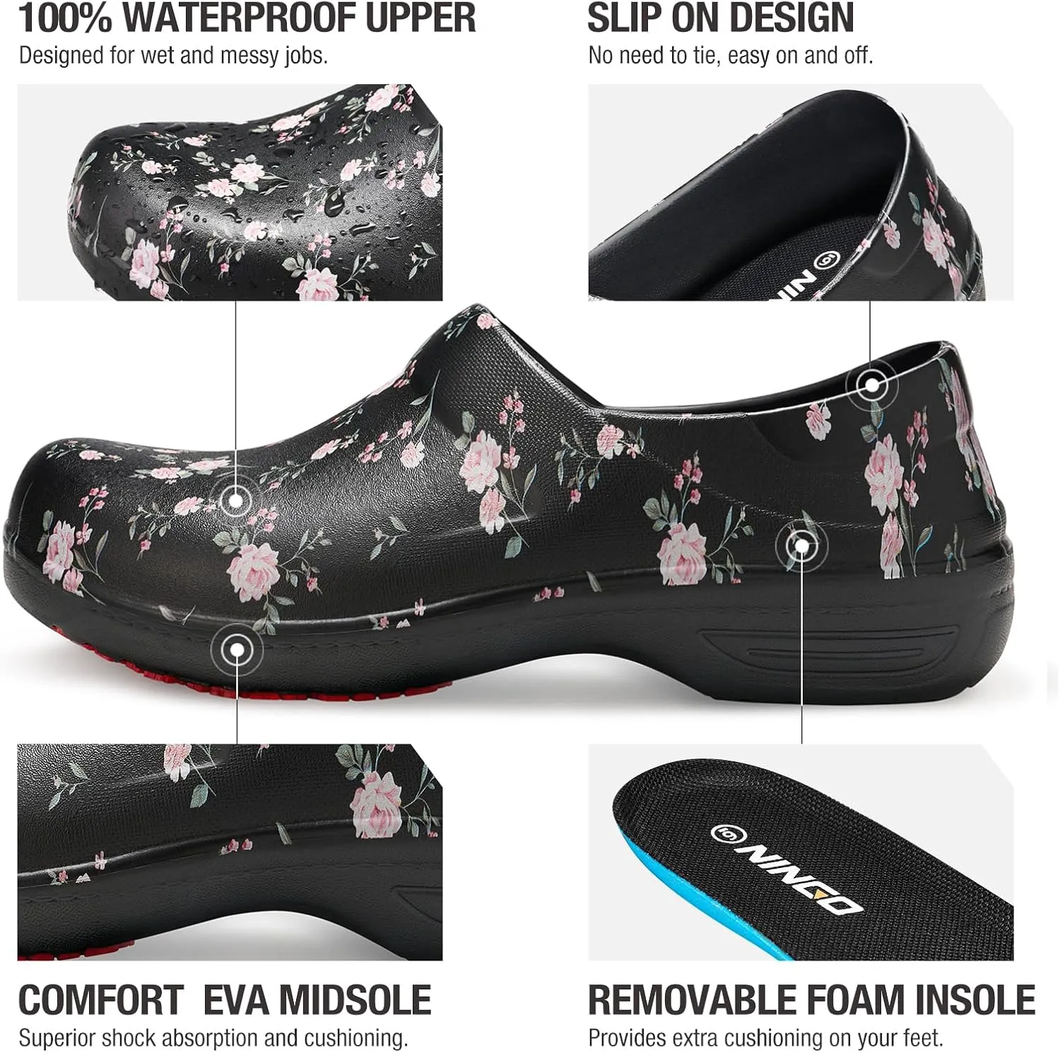 NINGO Slip Resistant Work Shoes for Women, Non Slip Chef Shoes, Waterproof & Easy to Clean, Comfortable Lightweight Women's Clogs, Nurse Shoes for Food Service, Healthcare, Gardening