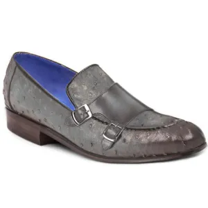 Obeeze Handmade Grey Ostrich Leather Double Monkstrap Loafer