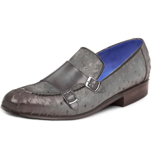 Obeeze Handmade Grey Ostrich Leather Double Monkstrap Loafer