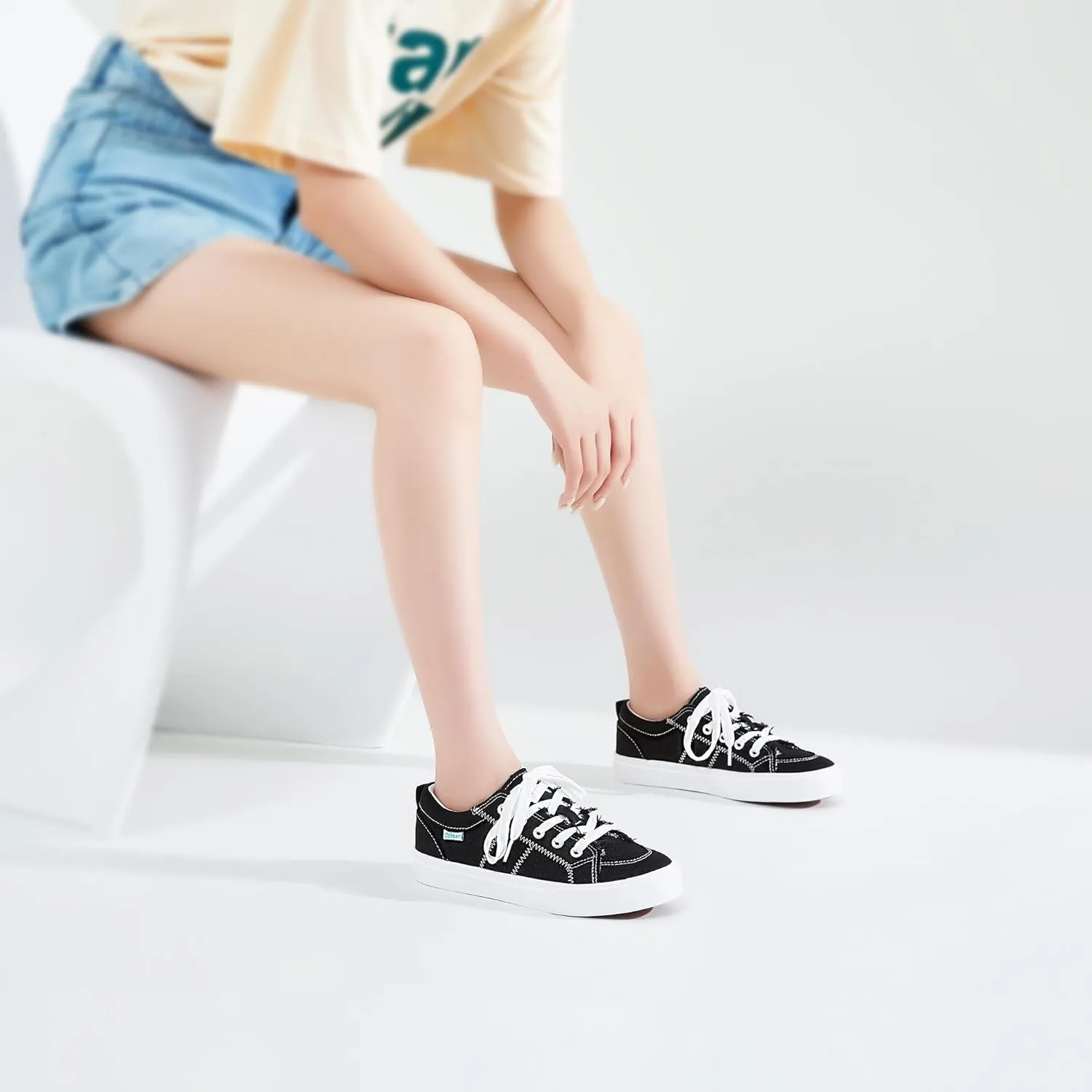Obtaom Women's White Play Fashion Sneakers Cute Lace up Canvas Shoes Low Top Washed Canvas Flat for Lady