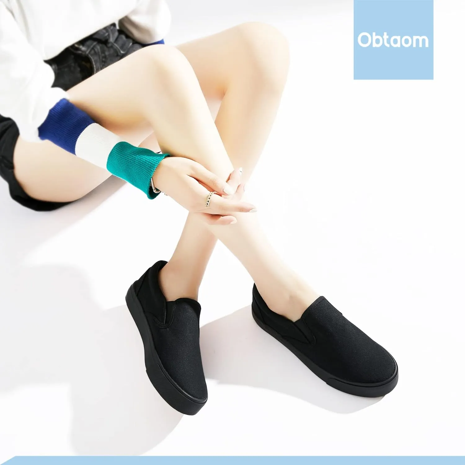 Obtaom Women's White Sneakers Black Slip on Shoes for Women Low Top Canvas Loafers