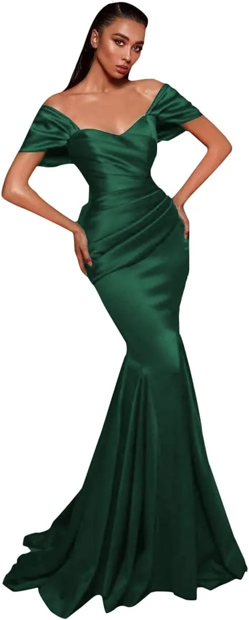 Off The Shoulder Satin Mermaid Prom Dresses for Women Long Ball Gowns A-line Formal Evening Gowns
