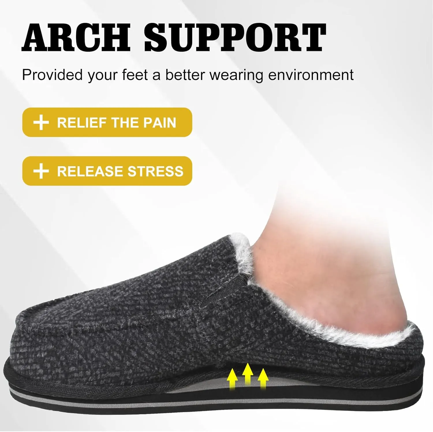 ONCAI Mens Clog Slippers with Arch Support Stripe Faux Fur Cotton-Blend High-Density Memory Foam Warm House Slippers Slip-on Indoor Outdoor Rubber Sole Size 7-16