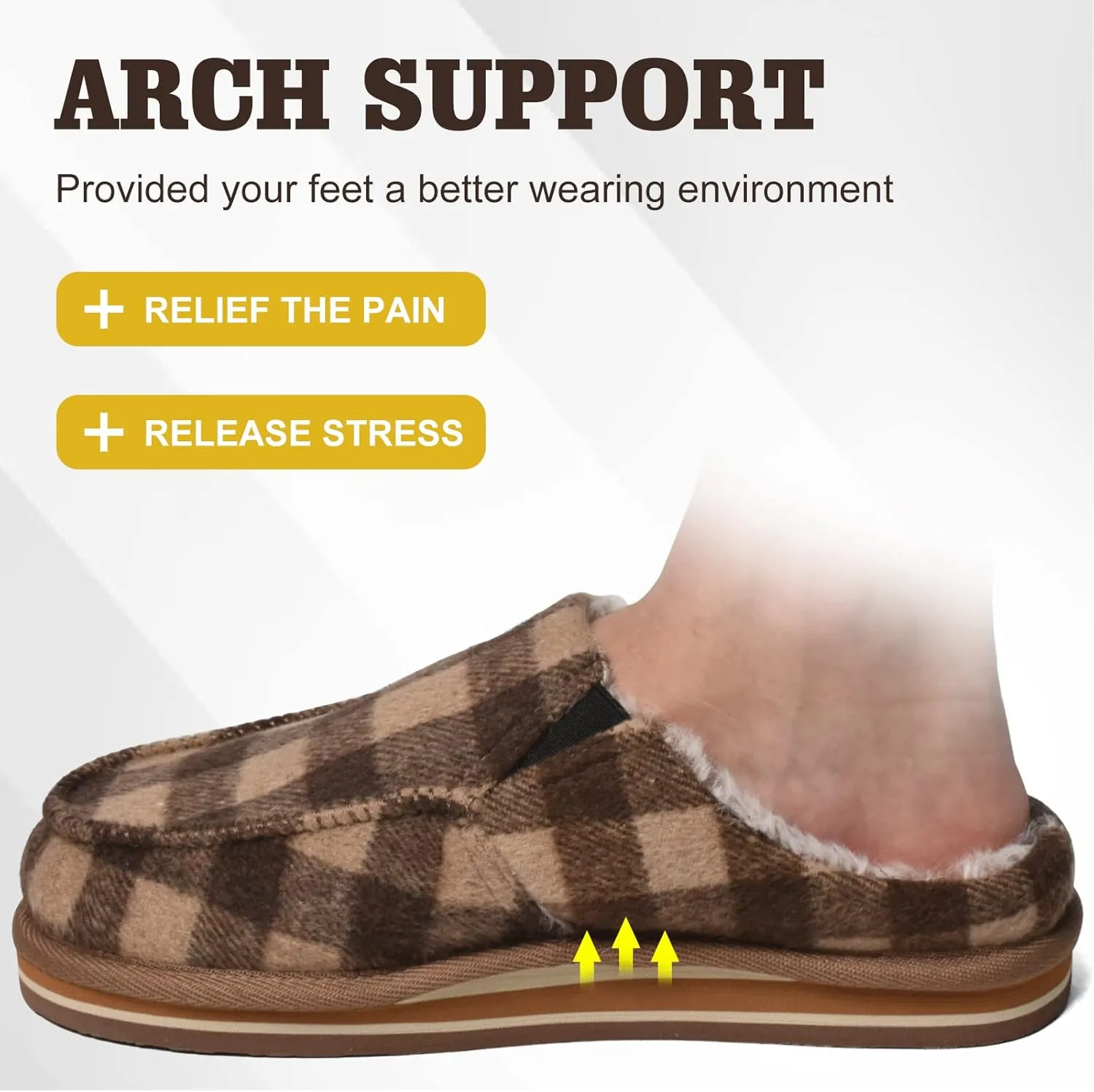 ONCAI Mens Clog Slippers with Arch Support Stripe Faux Fur Cotton-Blend High-Density Memory Foam Warm House Slippers Slip-on Indoor Outdoor Rubber Sole Size 7-16