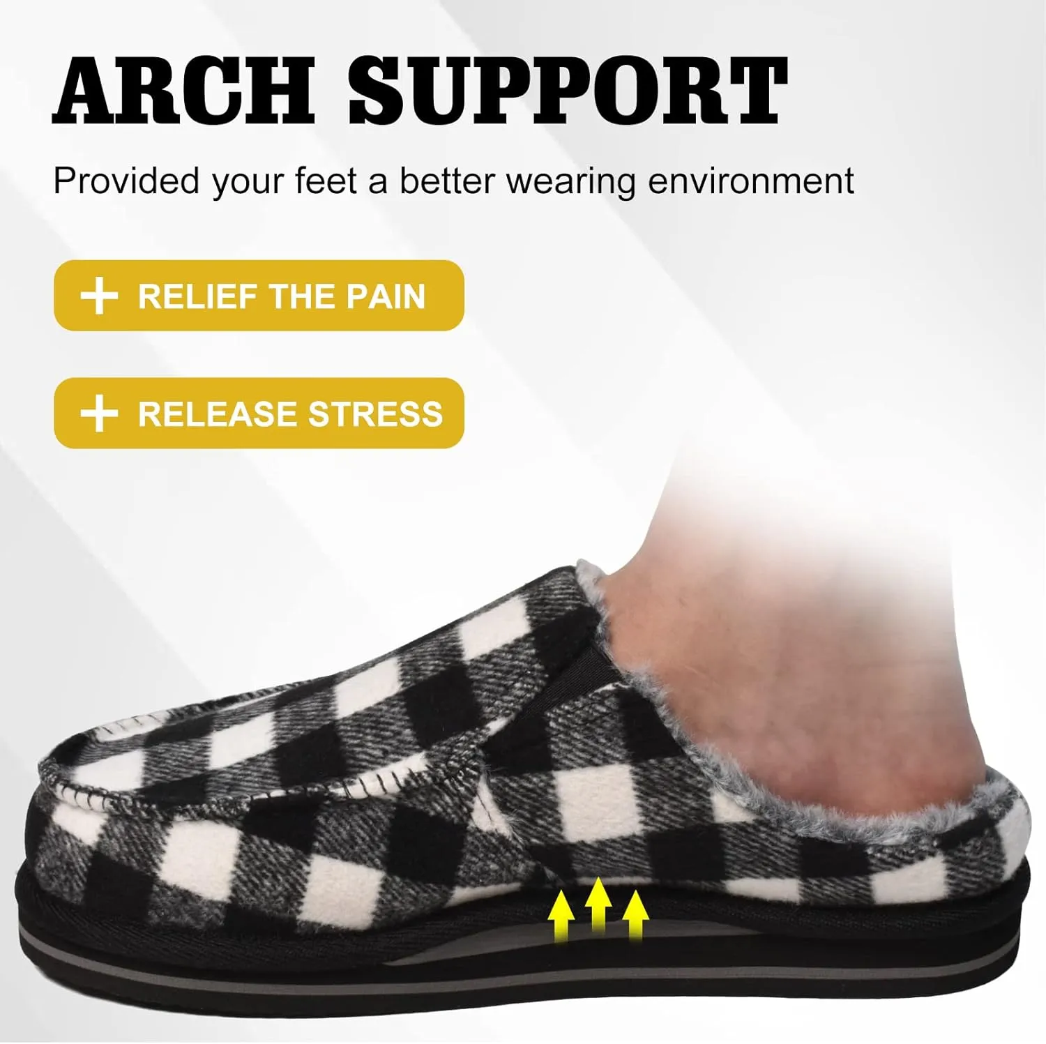 ONCAI Mens Clog Slippers with Arch Support Stripe Faux Fur Cotton-Blend High-Density Memory Foam Warm House Slippers Slip-on Indoor Outdoor Rubber Sole Size 7-16