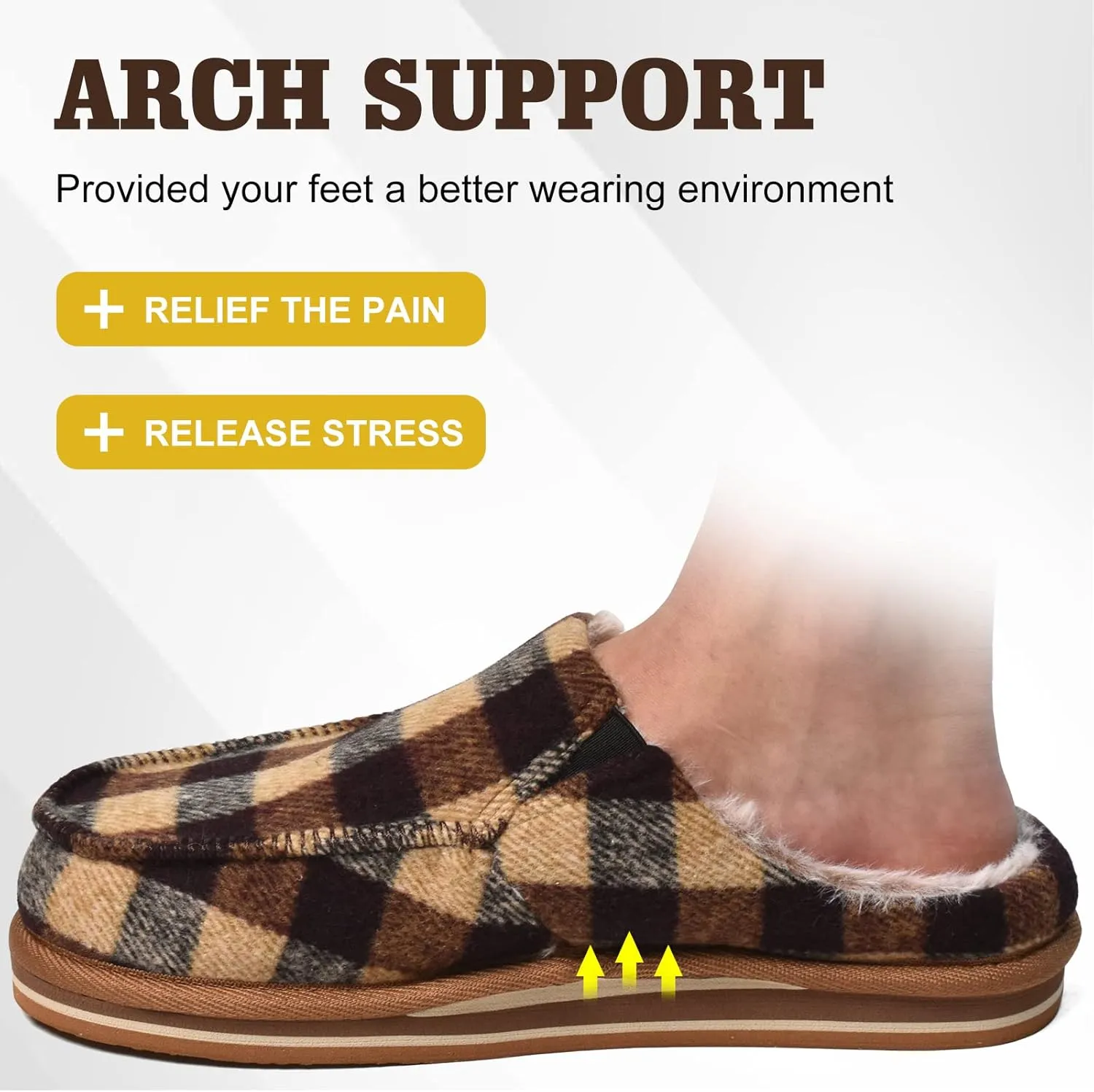 ONCAI Mens Clog Slippers with Arch Support Stripe Faux Fur Cotton-Blend High-Density Memory Foam Warm House Slippers Slip-on Indoor Outdoor Rubber Sole Size 7-16