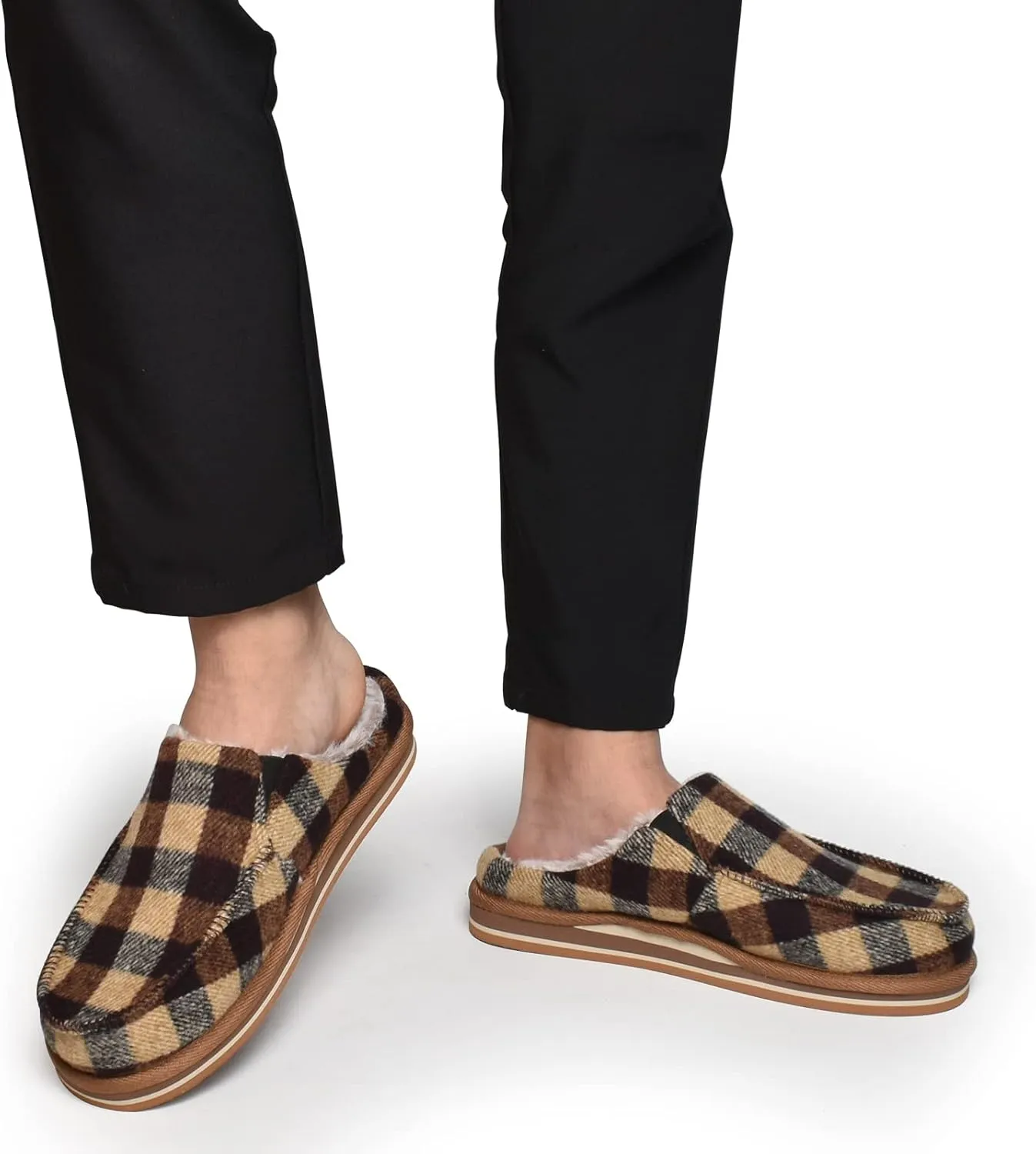 ONCAI Mens Clog Slippers with Arch Support Stripe Faux Fur Cotton-Blend High-Density Memory Foam Warm House Slippers Slip-on Indoor Outdoor Rubber Sole Size 7-16