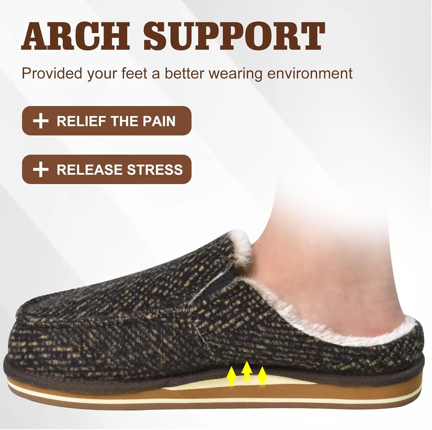 ONCAI Mens Clog Slippers with Arch Support Stripe Faux Fur Cotton-Blend High-Density Memory Foam Warm House Slippers Slip-on Indoor Outdoor Rubber Sole Size 7-16