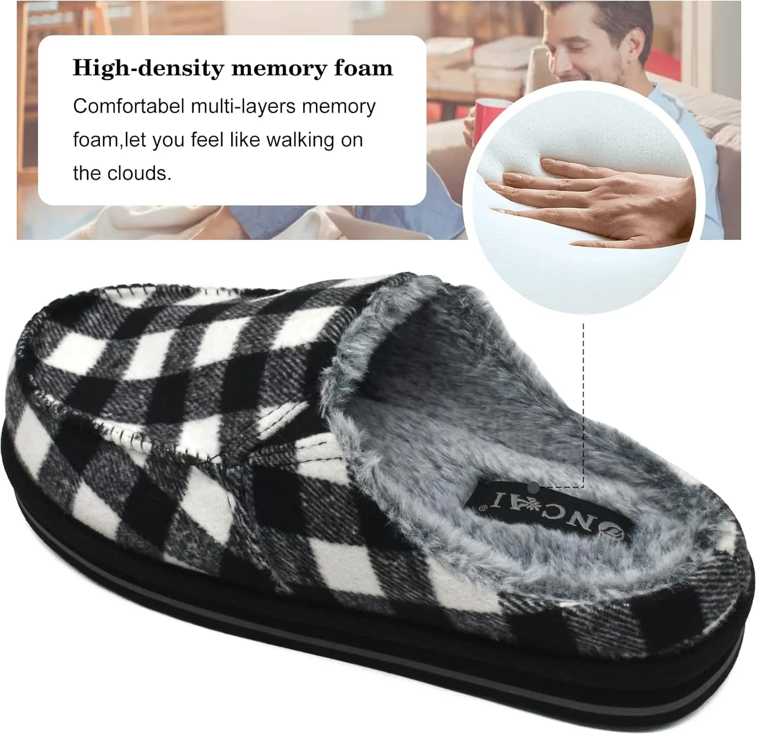 ONCAI Mens Clog Slippers with Arch Support Stripe Faux Fur Cotton-Blend High-Density Memory Foam Warm House Slippers Slip-on Indoor Outdoor Rubber Sole Size 7-16