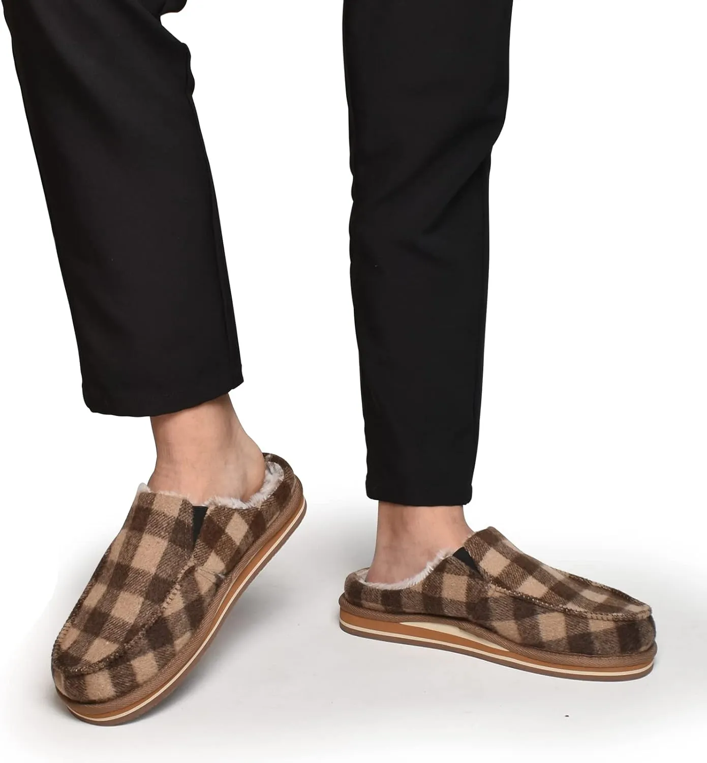 ONCAI Mens Clog Slippers with Arch Support Stripe Faux Fur Cotton-Blend High-Density Memory Foam Warm House Slippers Slip-on Indoor Outdoor Rubber Sole Size 7-16