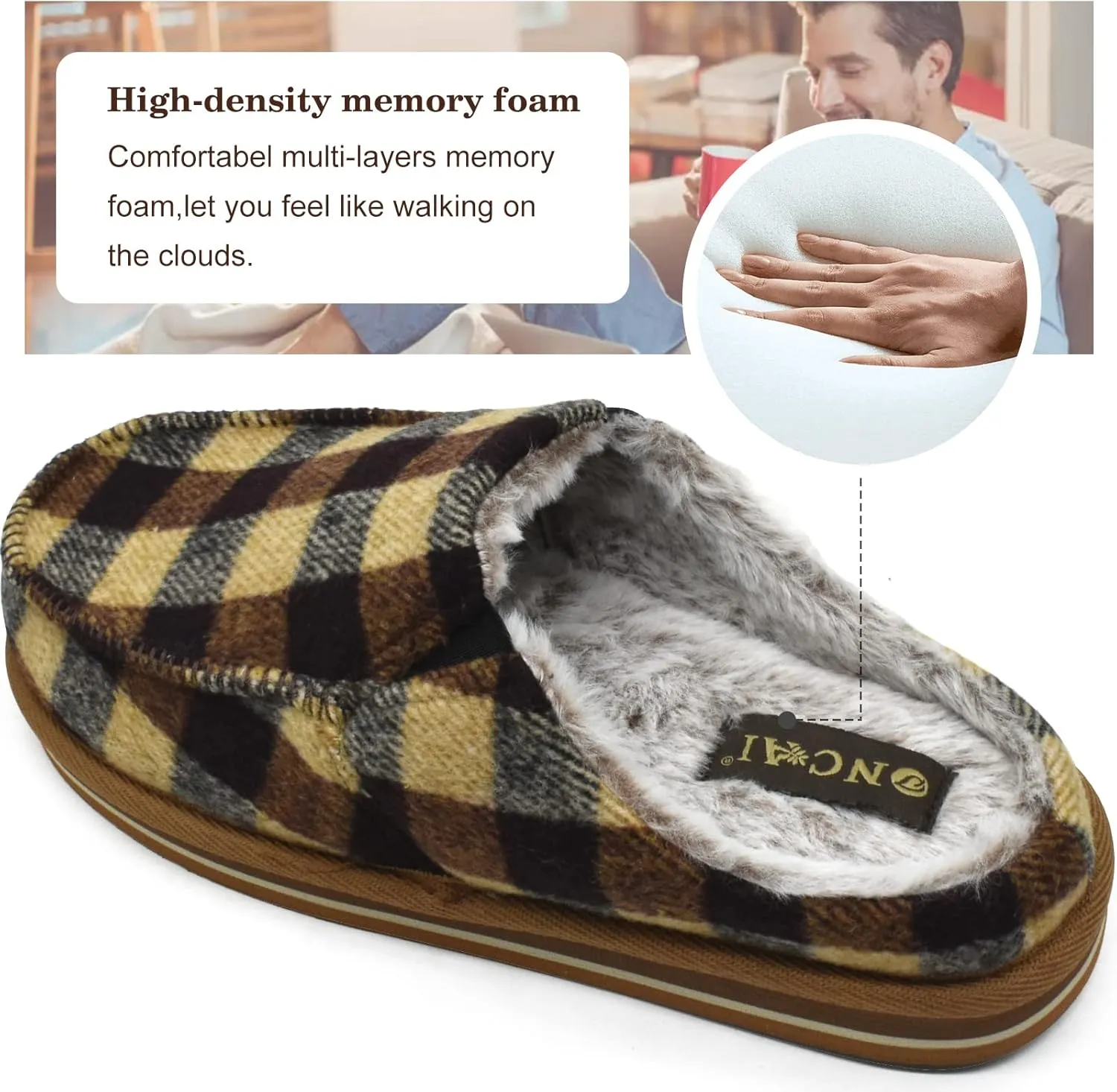 ONCAI Mens Clog Slippers with Arch Support Stripe Faux Fur Cotton-Blend High-Density Memory Foam Warm House Slippers Slip-on Indoor Outdoor Rubber Sole Size 7-16
