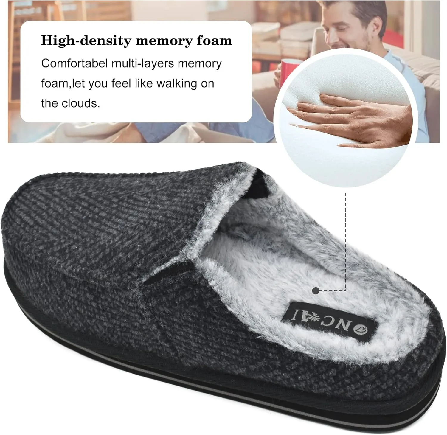 ONCAI Mens Clog Slippers with Arch Support Stripe Faux Fur Cotton-Blend High-Density Memory Foam Warm House Slippers Slip-on Indoor Outdoor Rubber Sole Size 7-16