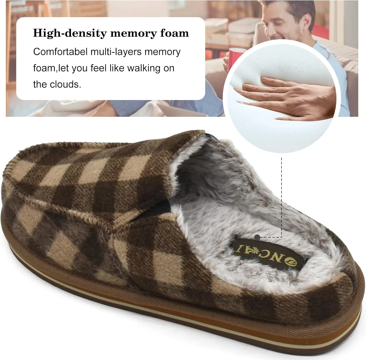 ONCAI Mens Clog Slippers with Arch Support Stripe Faux Fur Cotton-Blend High-Density Memory Foam Warm House Slippers Slip-on Indoor Outdoor Rubber Sole Size 7-16