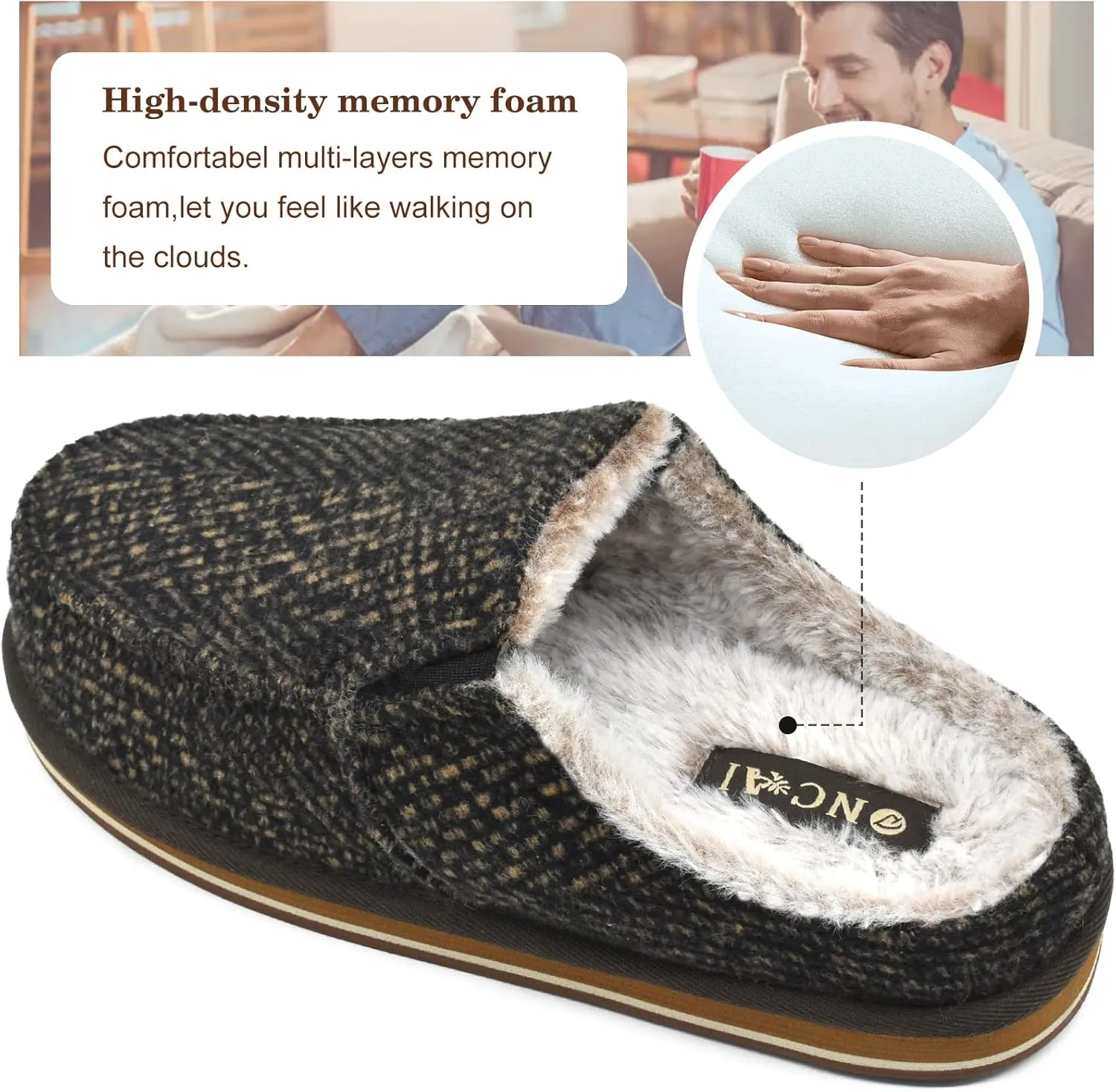 ONCAI Mens Clog Slippers with Arch Support Stripe Faux Fur Cotton-Blend High-Density Memory Foam Warm House Slippers Slip-on Indoor Outdoor Rubber Sole Size 7-16