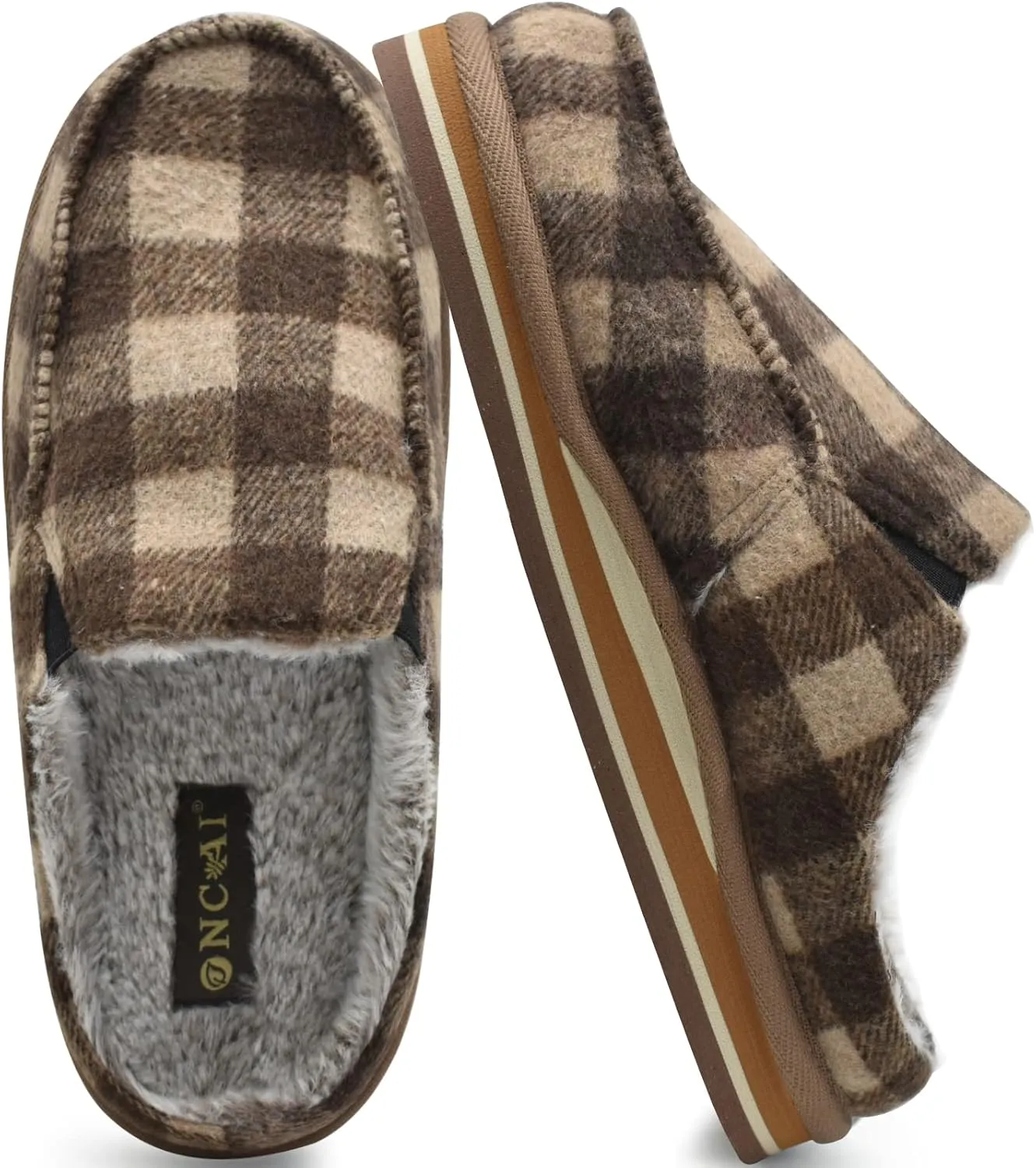 ONCAI Mens Clog Slippers with Arch Support Stripe Faux Fur Cotton-Blend High-Density Memory Foam Warm House Slippers Slip-on Indoor Outdoor Rubber Sole Size 7-16