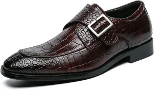 Oxford Dress Shoes for Men Slip On Split Toe Crocodile Embossed Monk Strap Leather Low Top Anti-Slip Resistant Non Slip Casual (Color : Brown, Size : 11)