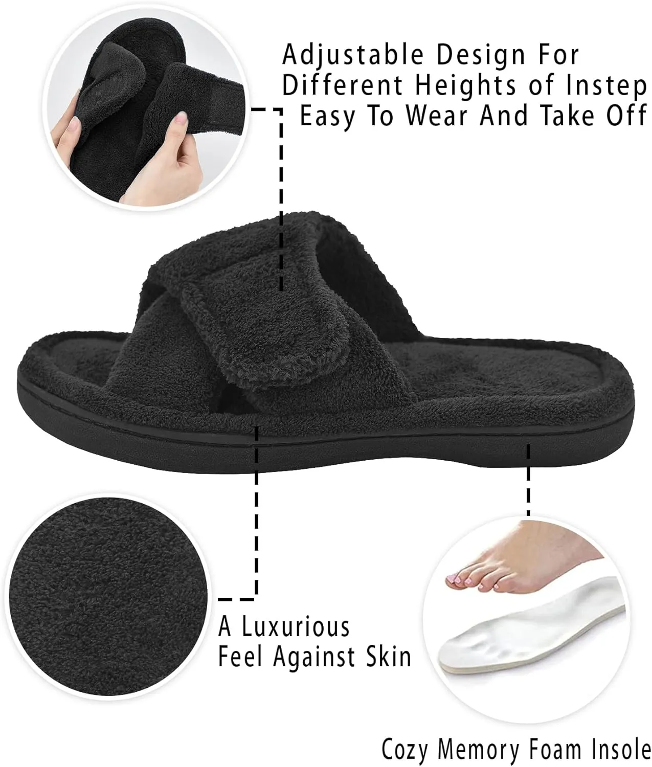 Panda Bros Women's Adjustable Slippers, Diabetic Slippers for Women Memory Foam, Open Toe Swollen Feet Slippers Bedroom House Indoor Outdoor Shoes with Rubber Sole