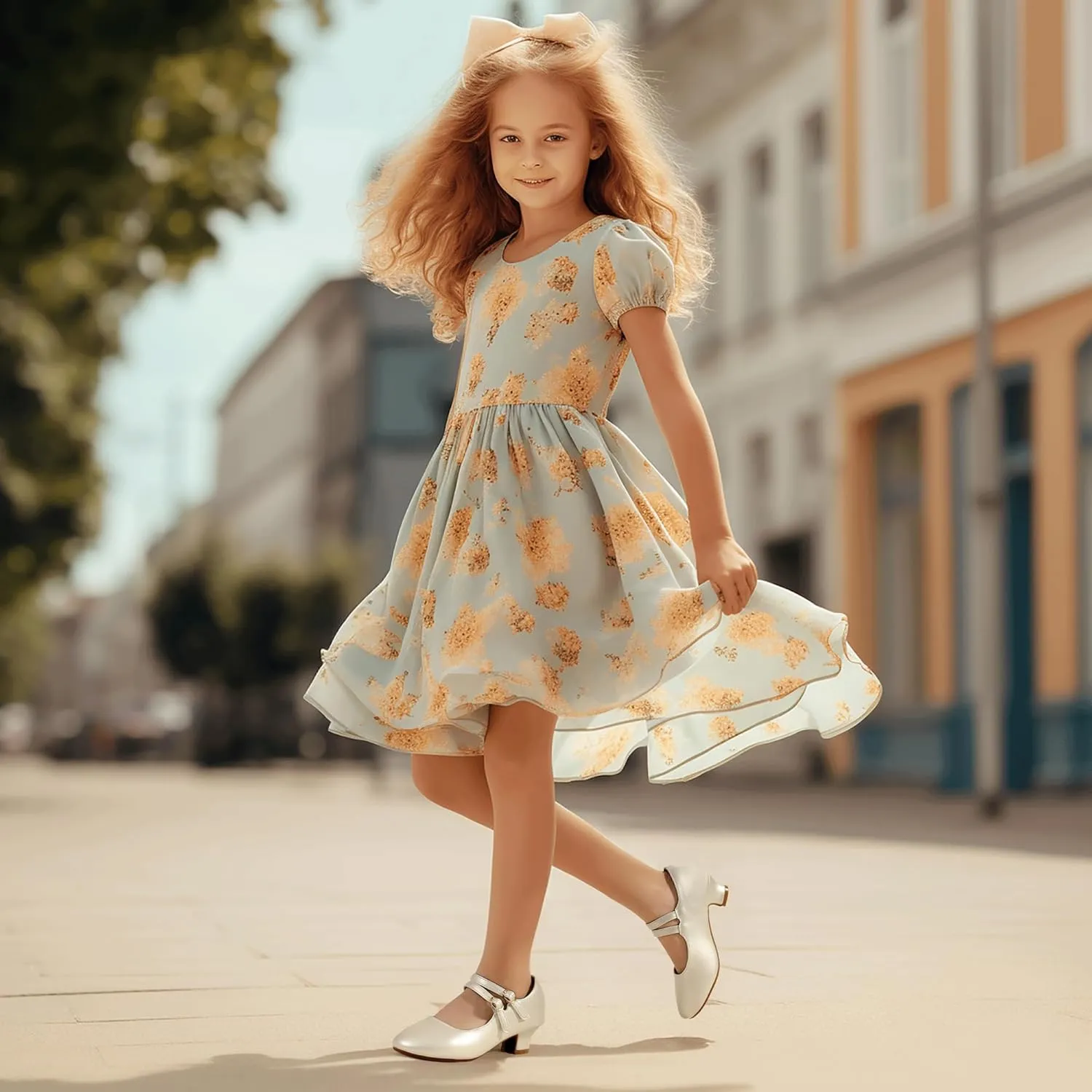 PANDANINJIA Christy Girls Heels Dress Shoes Mary Jane Rhinestone Bows Pumps Low Heel Princess Flower Wedding Party for Toddler Little Kid