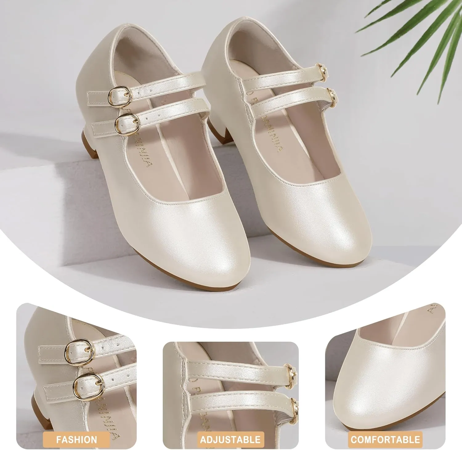 PANDANINJIA Christy Girls Heels Dress Shoes Mary Jane Rhinestone Bows Pumps Low Heel Princess Flower Wedding Party for Toddler Little Kid