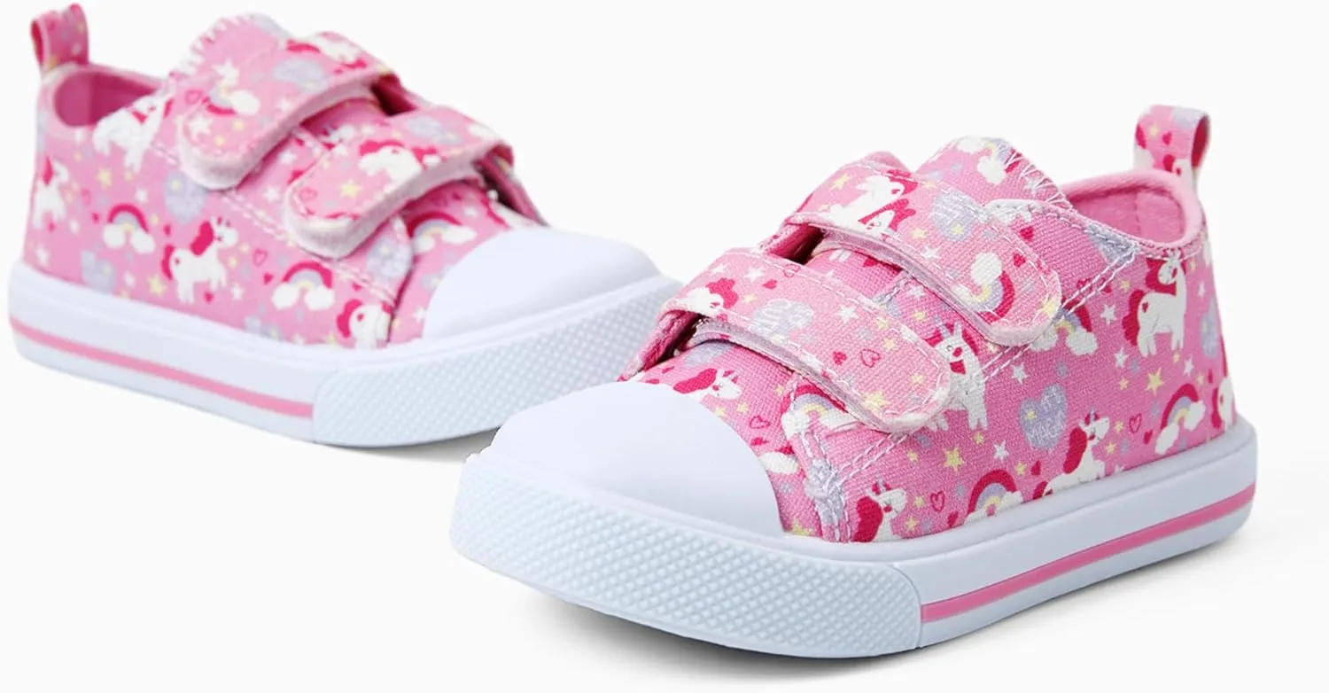 PATPAT Toddler Little Girls Canvas Sneakers Hook and Loop Kids Soft Walking Shoes