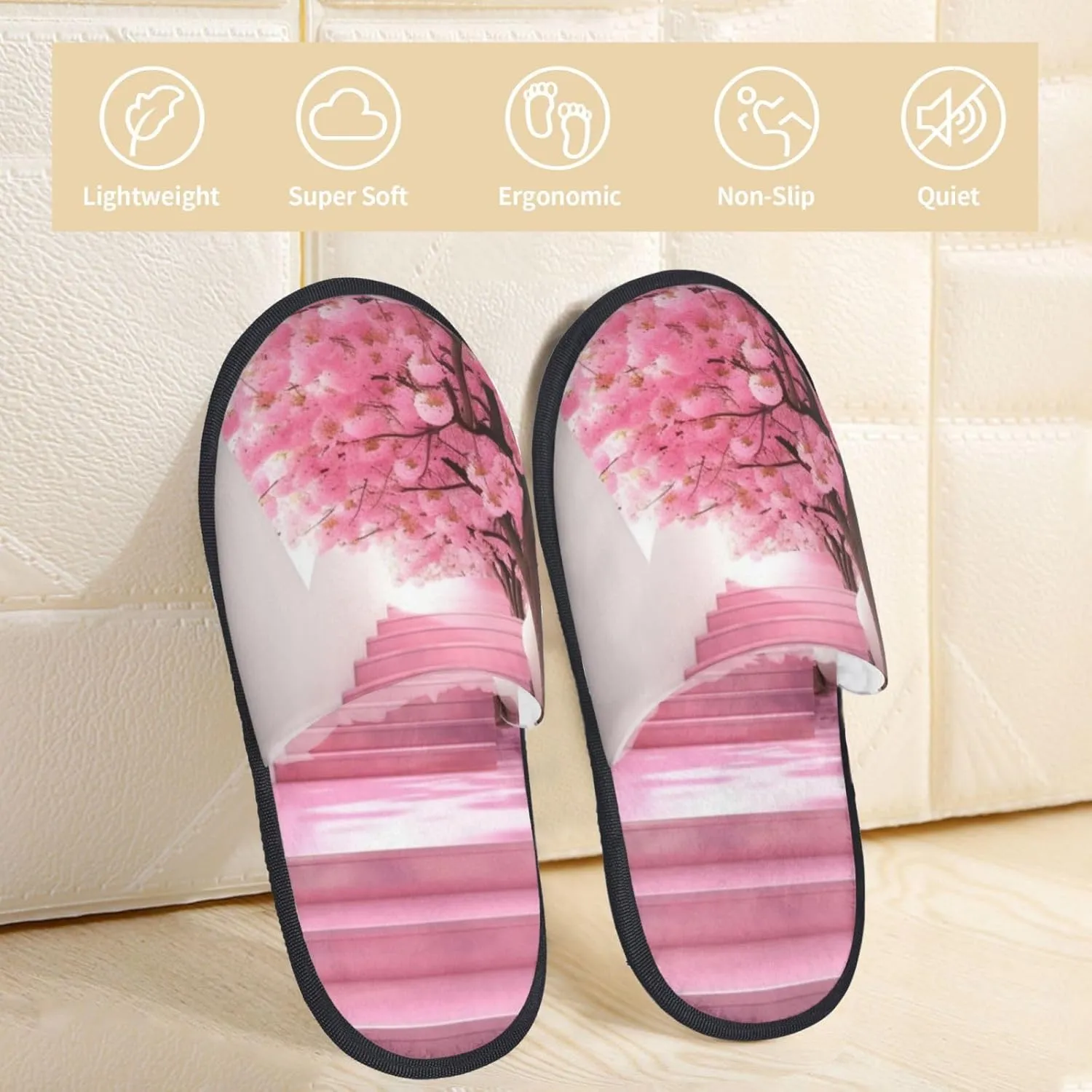 Pink cherry blossom staircase Printed Slippers Cozy Indoor Slide Unisex House Slippers Soft Plush Slip-on Slippers