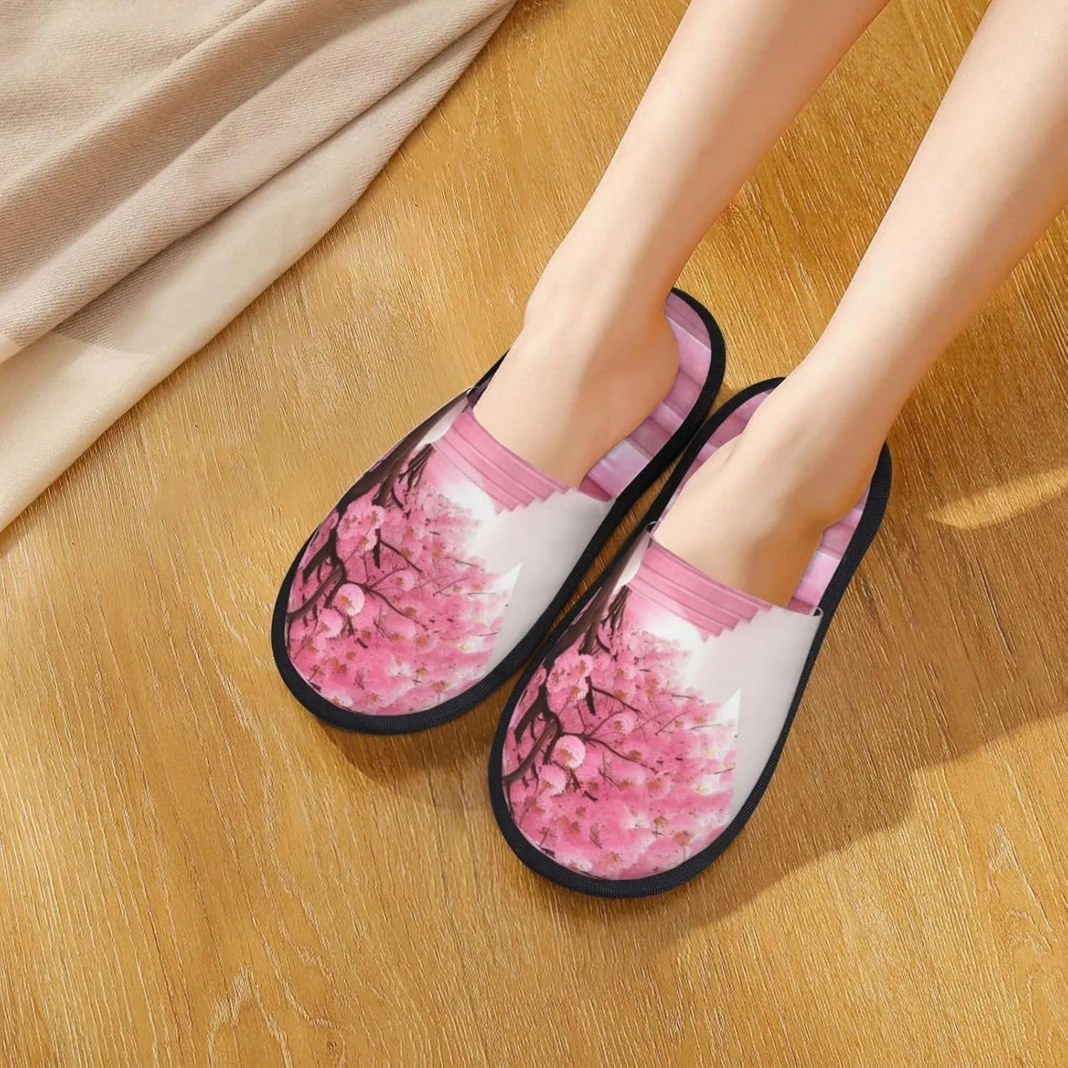 Pink cherry blossom staircase Printed Slippers Cozy Indoor Slide Unisex House Slippers Soft Plush Slip-on Slippers