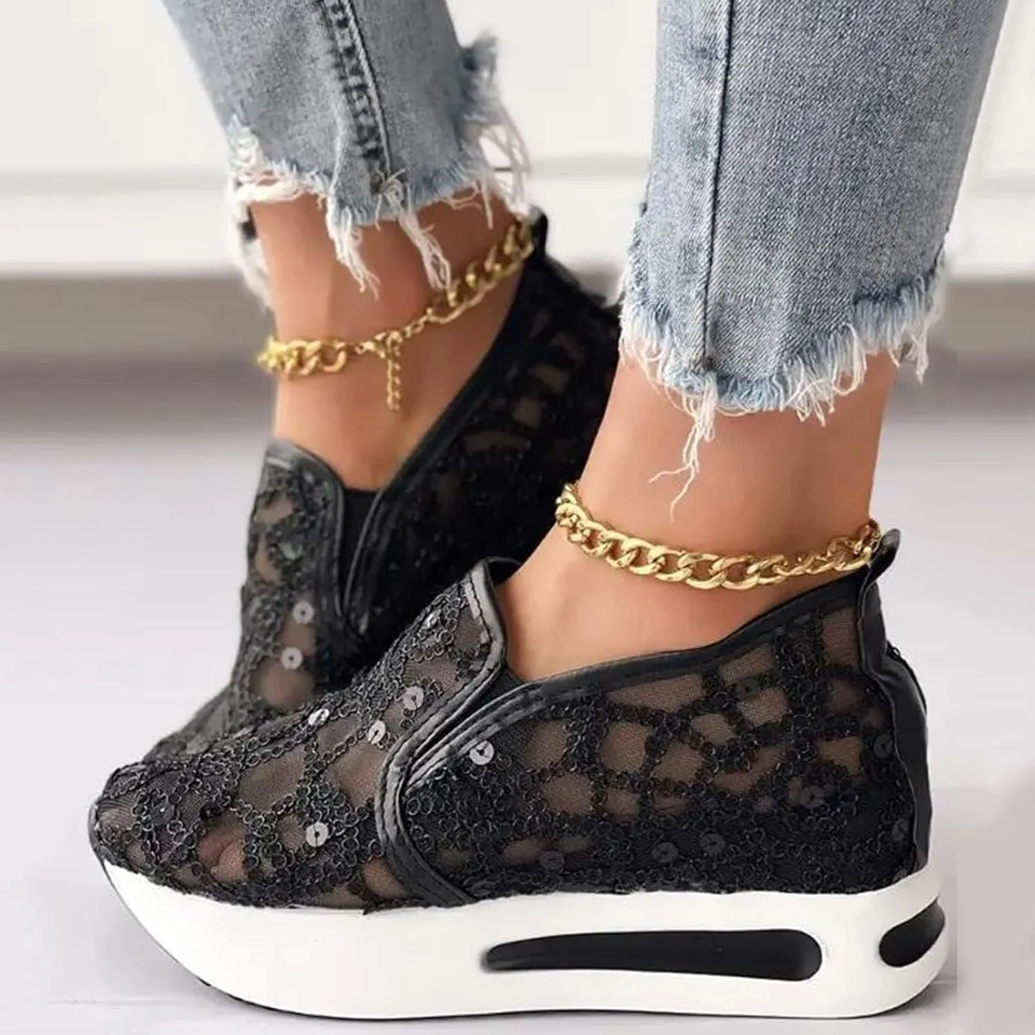 Platform Wedge Slip On for Women Fashion Bling Tennis Shoes Chunky Sole Hidden High Heels Sneakers Floral Breathable Embroidery Loafers Dressy Casual Shoes with Arch Support
